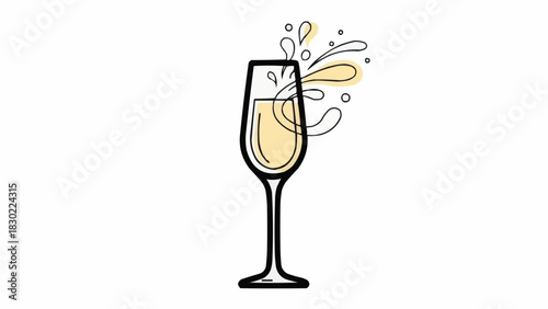 Hand drawn champagne flute with sparkling wine splashing out.