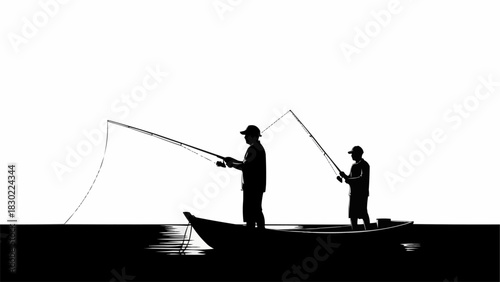 Two Fishermen Silhouetted in a Boat Casting Their Lines.