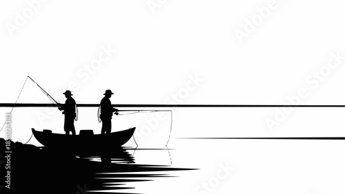 Two fishermen in a boat casting their lines on a calm lake at dawn.