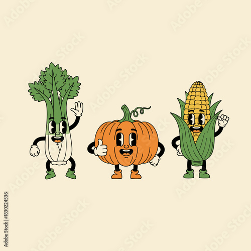An adorable group of animated vegetables, featuring celery, a smiling pumpkin, and a happy ear of corn in a classic cartoon art style.
