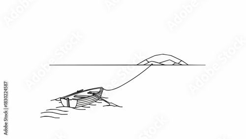 Line Art of a Boat Anchored Near the Shore.