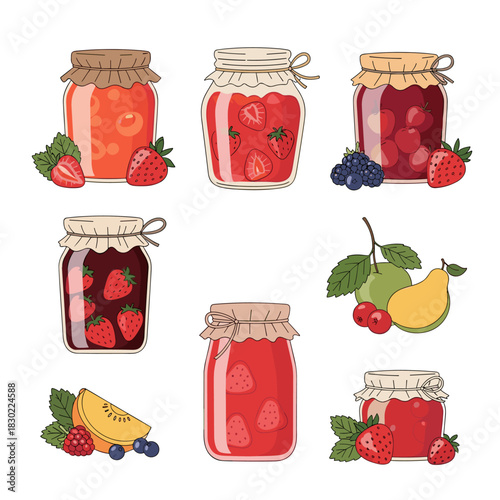 Various colorful jars of homemade fruit jams and preserves, accompanied by fresh strawberries, berries, and other fruits.