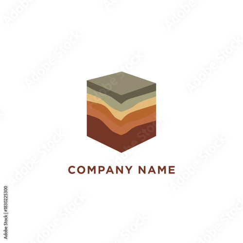 Layered earth cube logo representing geology and company branding.