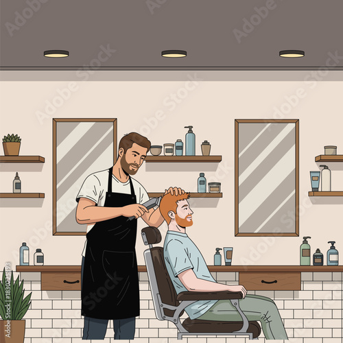 A professional barber in action, trimming a client's hair with precision clippers in a modern barbershop, warm lighting, the barber wearing a black apron over casual attire, classic barber chair.