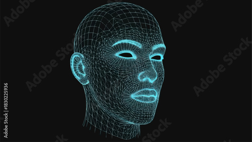 Digital Human Face - A Wireframe Representation of Artificial Intelligence.