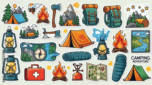 Camping adventure elements collection, outdoor activity equipment, nature exploration, travel.