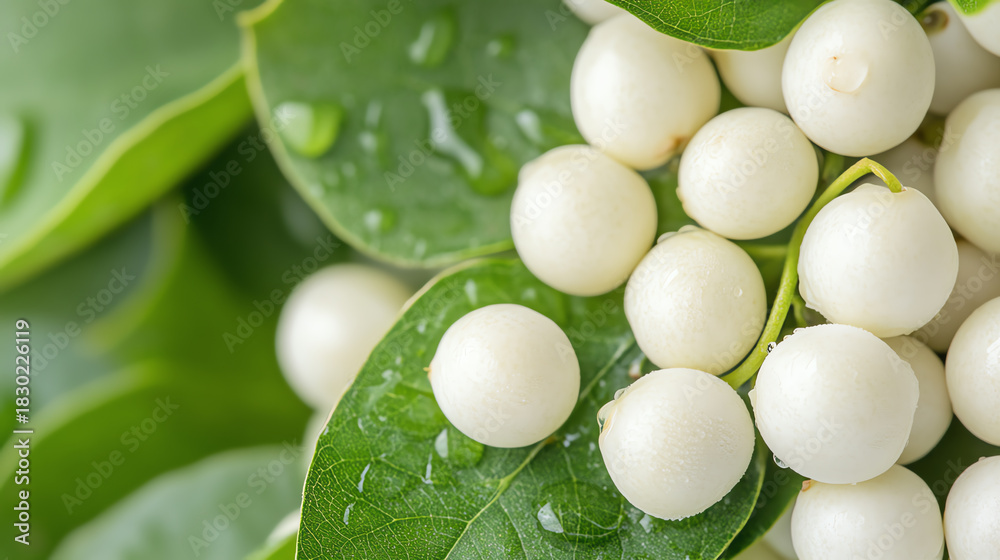 Naklejka premium A close-up view of white berries resting on lush green leaves, adorned with droplets of water, showcasing nature's beauty.