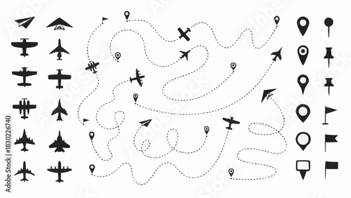 Dashed line plane route. Airplane trajectories path, flight roadmap trace lines with dash stroke, jet start and destination pin points. Aircraft arrival location vector infographic. Airline transport 