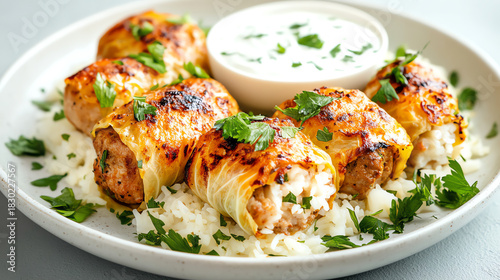 Delicious stuffed cabbage rolls served with creamy sauce and garnished with fresh herbs, ideal for a hearty meal.