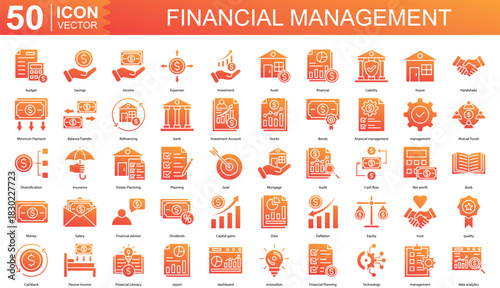 Financial Management icon collection set. Containing budget, Savings, Income, Expenses, Investment, Asset, financial icon