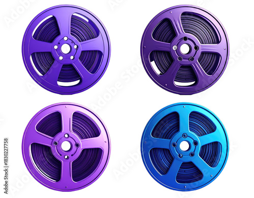 Four colorful film reels, purple and blue hues