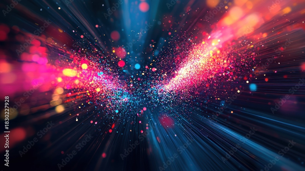 Obraz premium A vibrant, colorful explosion of pink, blue, and orange particles against a dark background, creating a dynamic and energetic visual effect.