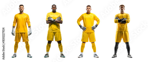 Four male soccer goalkeepers in yellow uniforms standing against a white background.