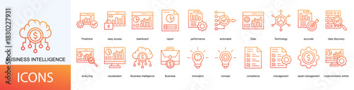 Business Intelligence icon collection set. Containing dashboard, report, performance, actionable, Data, Technology icon