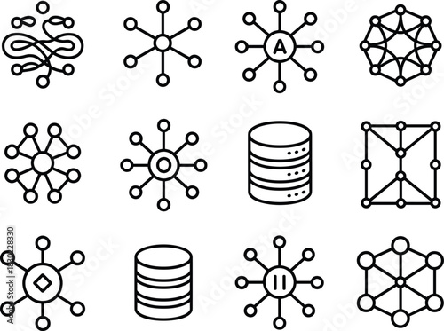 Artificial Intelligence and Data Science Outline Icon Collection,AI Workflow, Data Graph and Mathematical Model Line Icons,Technology Diagram,Learning Outline Vector Set,Modern Data Processing,Ai