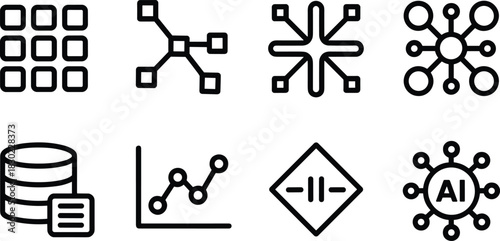 AI and Machine Learning Line Icon Set,Neural Network,Data Science and Analytics Outline Icons,Modern Analytics, Flowchart and Tech System Outline,Data Science Tools, Network Nodes,Analysis Line Symbol