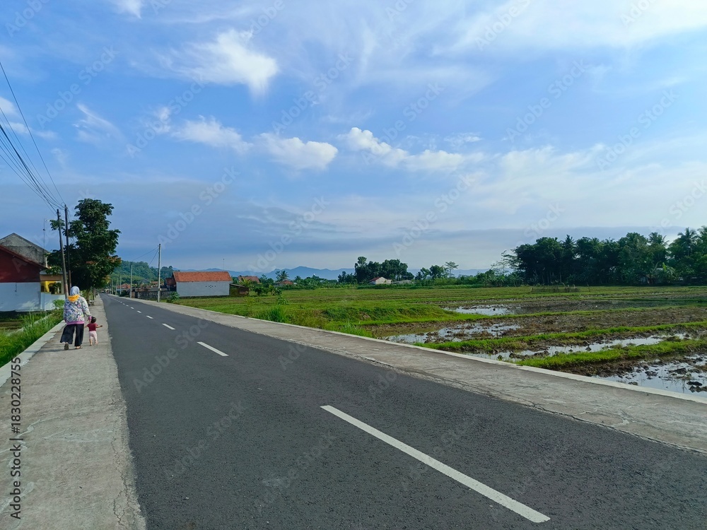 Fototapeta premium A person walks along a road beside fields under a bright, cloudy sky.