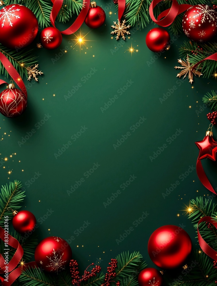 Naklejka premium Premium Emerald Christmas Poster Background with Red Ornaments and Minimal Clean Copyspace