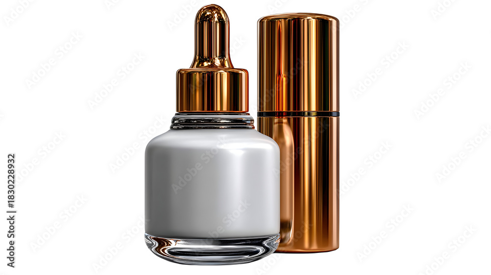 Naklejka premium Golden serum dropper bottle and container for luxury beauty product packaging mockup, skin care routine isolated on transparent background