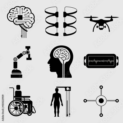 Set of icons representing technology, healthcare, and accessibility concepts including brain, wheelchair, drone, and medical equipment
