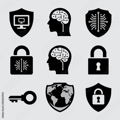 Collection of security icons including shield, lock, brain, key, and globe symbols representing data protection and cybersecurity