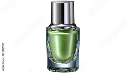 Modern green serum in clear glass bottle for natural skincare and beauty product promotion isolated on transparent background