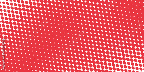 Red color halftone gradient texture. Vanishing cartoon polka dot background. Repeating dotted gradation pattern. Fading comic pop art overlay backdrop. Raster halftone effect wallpaper. Vector
