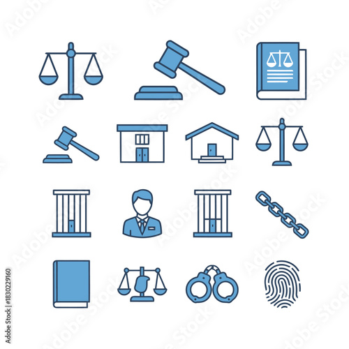 Legal, Justice and Law Line Icons Set Including Gavel, Scales, and Handcuffs Symbol Collection