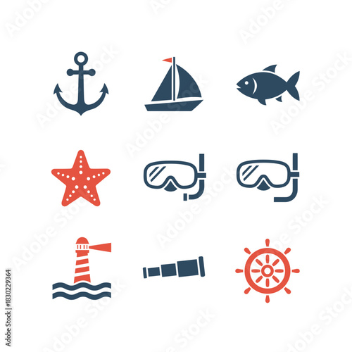 Nautical, Marine and Sea Life Icons Set with Anchor, Boat, Lighthouse, and Scuba Gear