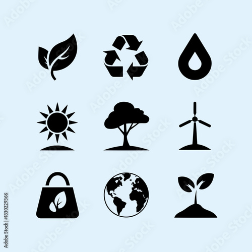 Set of nine black icons representing environmental sustainability concepts like recycling, renewable energy, and ecofriendly practices