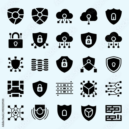 Collection of security and technology icons including shields, locks, databases, and network symbols