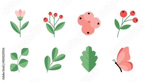 A collection of flat vector illustrations featuring a pink flower, red berries, various green leaves, and a pink butterfly, all isolated on a white background.