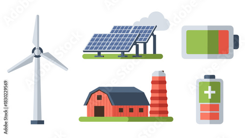 Illustration depicting renewable energy sources: a wind turbine, solar panels, batteries, and a farm with a silo, representing sustainable energy.