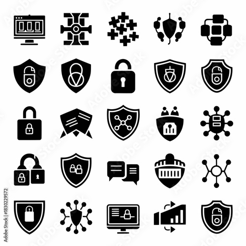 Set of security and protection icons including shields, locks, and network symbols for digital safety and privacy