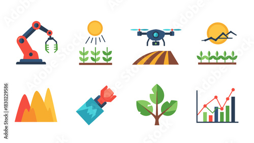 A collection of flat icons representing smart farming, agritech, robotics, and data analysis.