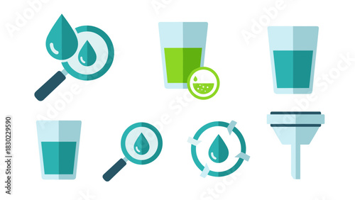 A collection of flat design icons representing water quality testing, analysis, and purification.