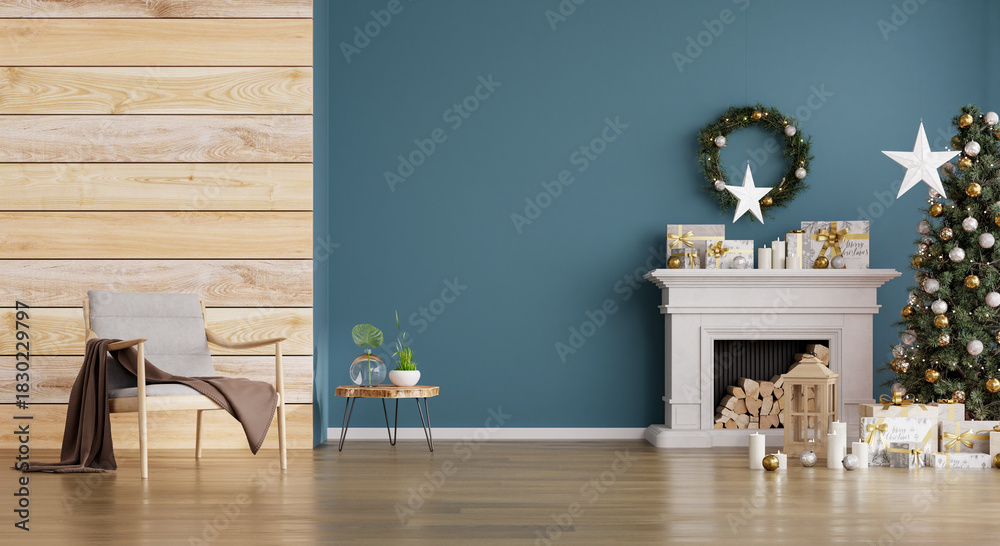 Naklejka premium A cozy Christmas living room featuring a decorated fireplace, Christmas tree, wreath, gifts, candles, and warm wooden furniture- 3D rendering