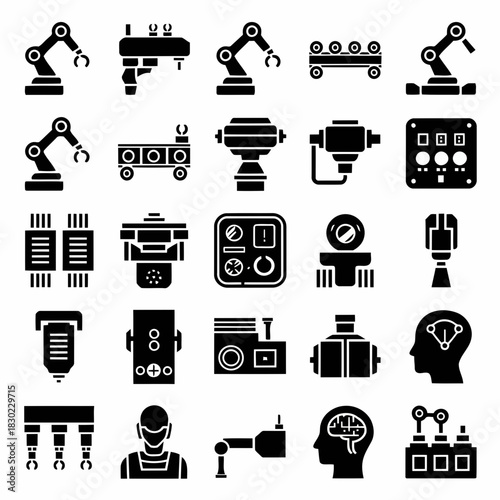 Set of various industrial robotics and automation equipment icons including robotic arms, machines, and control panels