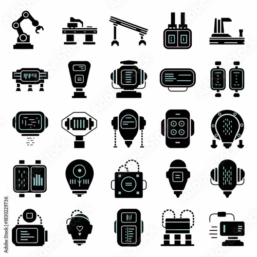 Collection of various robots and industrial machines in a set of black and white icons
