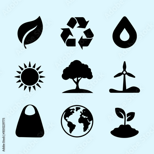 Set of nine black ecofriendly icons on light blue background representing nature, recycling, and sustainability