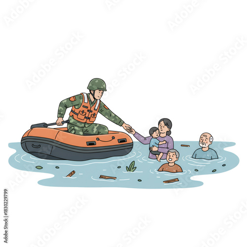 A soldier uses a rubber boat to help residents who are experiencing flooding. White background.