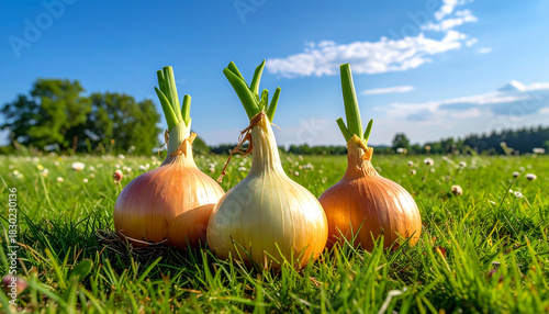 Fototapeta Naklejka Na Ścianę i Meble -  Three fresh onions with green sprouts growing in a grassy field Keywords: onion, onions, fresh