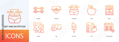 diet and nutrition icon collection set. Containing Dumbbel, Heart Beat, Lose Weight, Apple, Report, Cheese icon