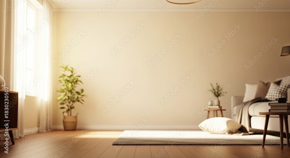 Fototapeta premium A cozy living room with a beige wall, wooden floor, and a white rug.