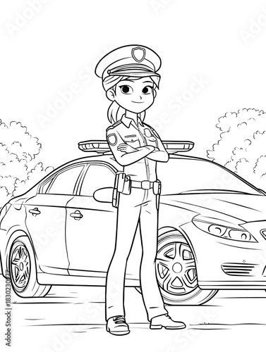 Female police officer standing next to her car coloring page