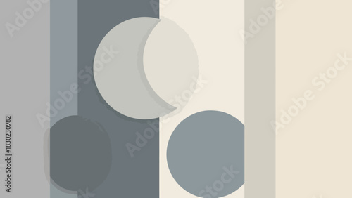 Abstract design featuring circles and vertical stripes in shades of gray and beige.