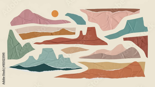 Abstract desert mountain landscape created with colorful torn and crumpled paper collage pieces.