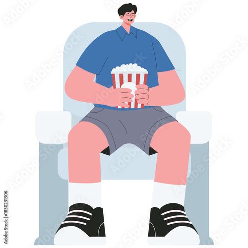 Cinema Illustration. Vector illustration of Man sitting comfortably with popcorn in the cinema, waiting for the movie to begin. Isolated on background