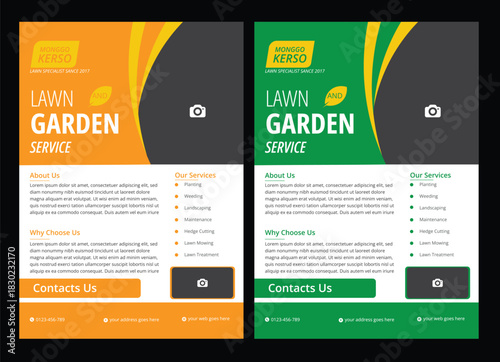 Lawn and gardening service flyer design template. Tree and gardening service poster leaflet design. lawnmower flyer template.  flyer template enhances your garden services' online presence.