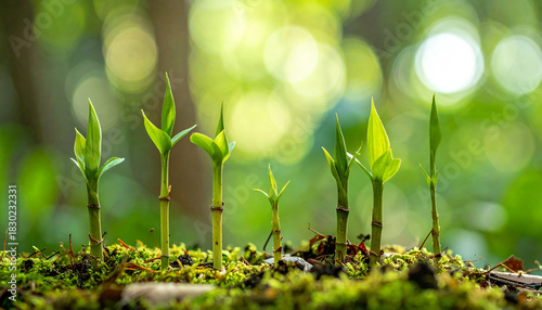 Young Bamboo Sprouts Growing in Mossy Soil with Bokeh Background growth plant
